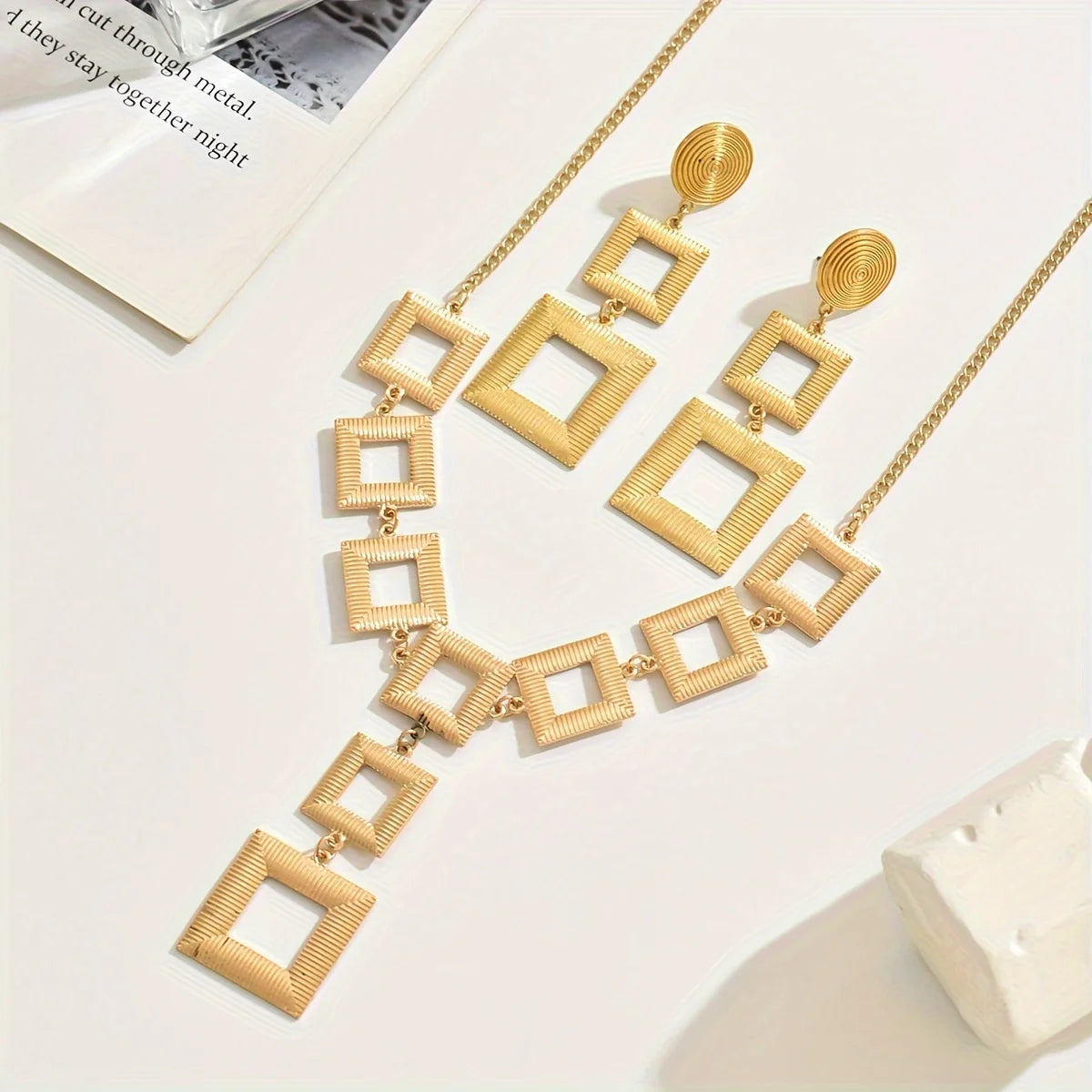 Lxalry 14K Gold Geometric Set, Electroplated Necklace & Earrings, Hypoallergenic 316L, Gift For Everyday Chic To Evening Glamour - JN Fashion Fusion