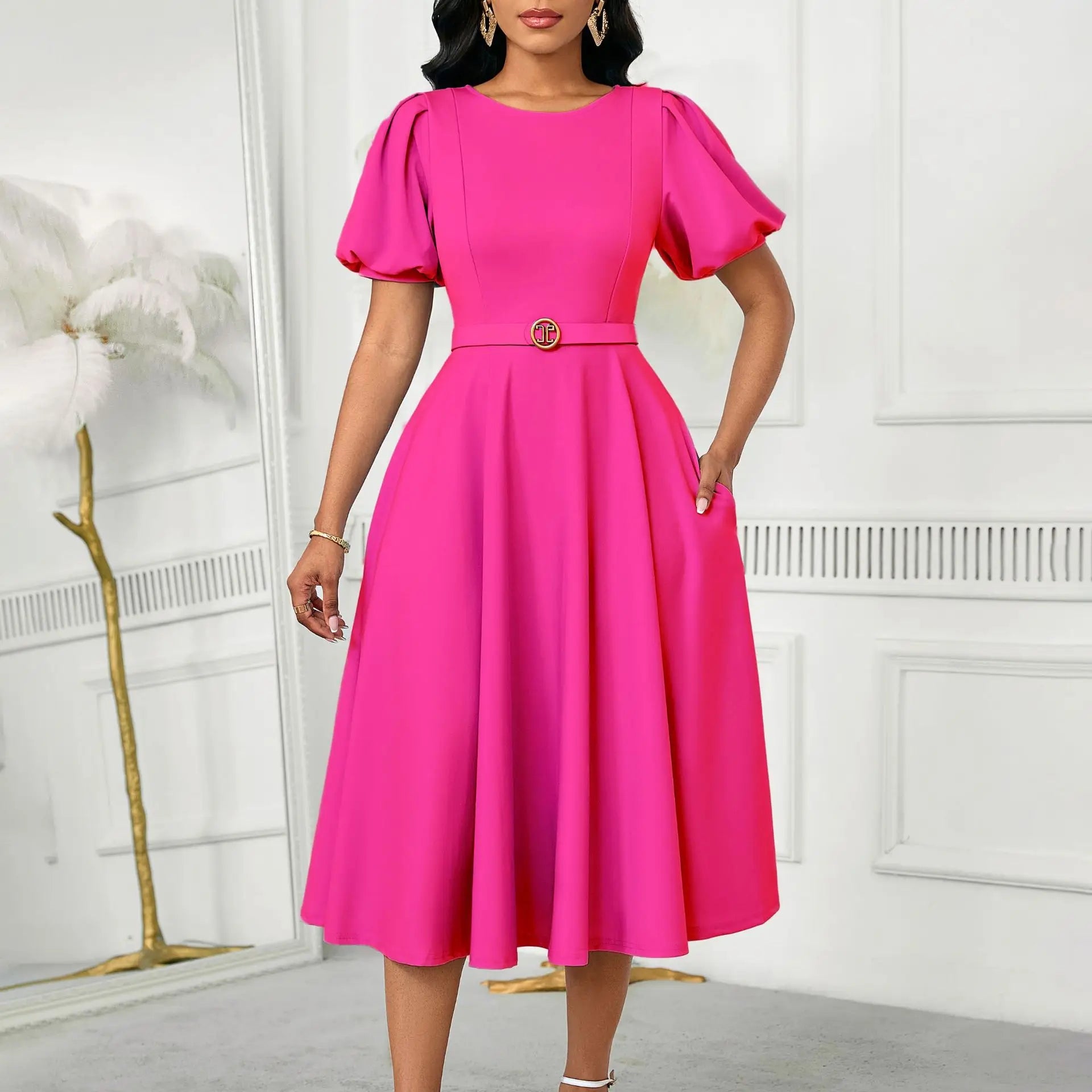 Women's Elegant High-Waisted Puffed Sleeve Summer Dress 2026 Solid Color round Neck Large Skirt Hem Fashionable Casual Dress