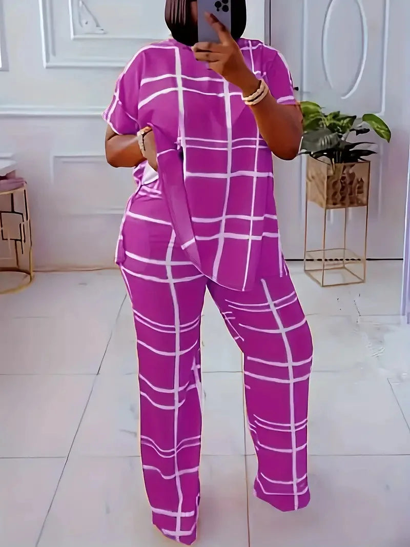 Short Sleeve 2 Piece Women Sets 2026 Spring Summer Matching Sets Stripe Print Two Pieces Sets Top Pants Suits Outfits Clothing