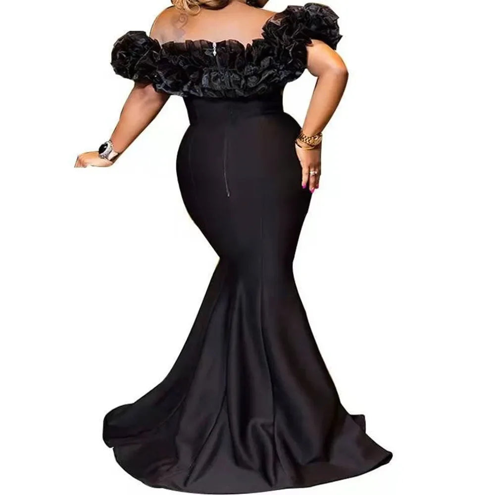 Elegant Evening Party Long Dresses Women Ruffles Off The Shoulder Slim Fit Mermaid Dress Solid Color - JN Fashion Fusion