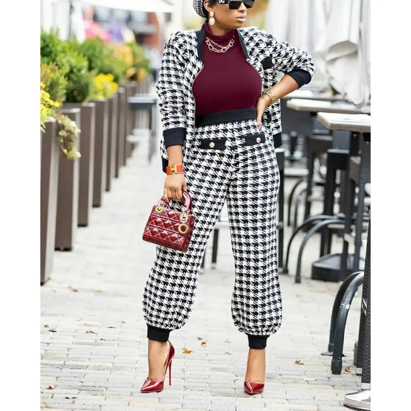 Women’s 2-piece coat set by JN Fashion Fusion with geometric print, long sleeve zipper V coat, and matching long pants.