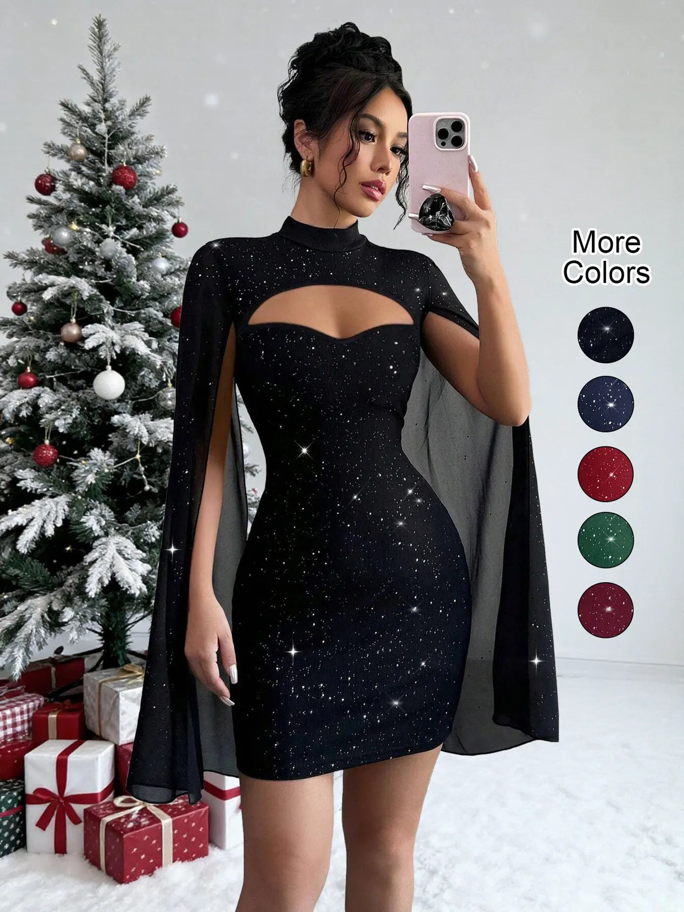 Sexy Women's Stand Collar Cape Mini Dress Sequins Sparkling Club Party Night Out Fitted Bodycon Elegant Autumn Winter - JN Fashion Fusion