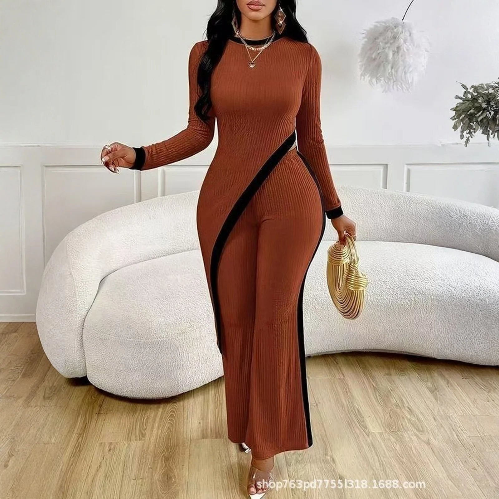 Side Slit Contrasting Long Sleeved Patchwork Pants Set Women'S Casual Suit Spring And Autumn Women'S Set - JN Fashion Fusion