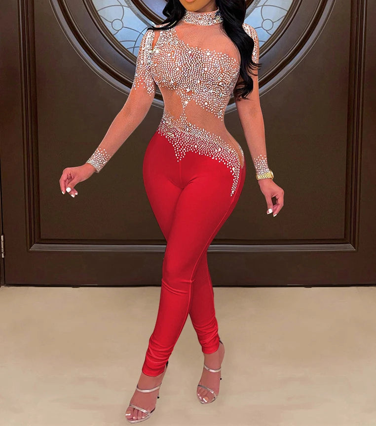 Sexy Club Jumpsuits for Women Rhinestone Decor Sheer Mesh Long Sleeved Party Birthday Outfits Nightclub Romper Overalls 2024 - JN Fashion Fusion
