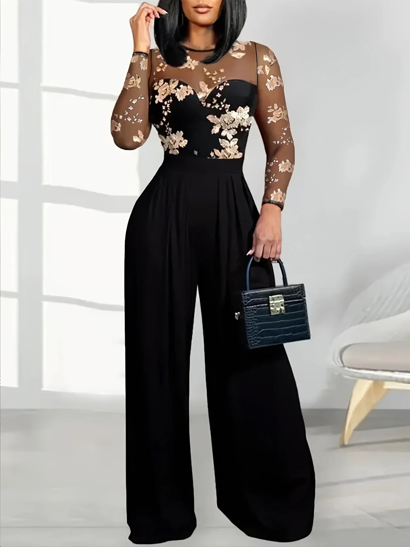 Women's Black Jumpsuit with Sheer Floral Embroidered Top Wide Leg Design Ideal for Evening Galas Cocktail Parties Formal Events - JN Fashion Fusion