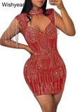 New Luxury Crystal Tassels Rhinestone Night Club Short Dress for Women Hollow Out Sleeveless Sexy Party Birthday Festival Outfit - JN Fashion Fusion