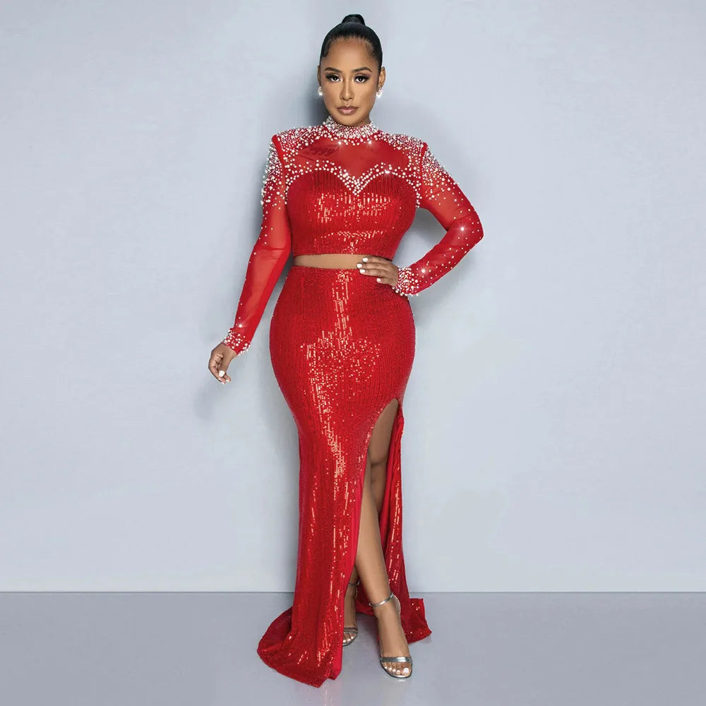 African Clothes for Women 2 Piece Sequin African Long Sleeve O-neck Party Evening Top Long Skirts Matching Sets Dashiki Outfits - JN Fashion Fusion