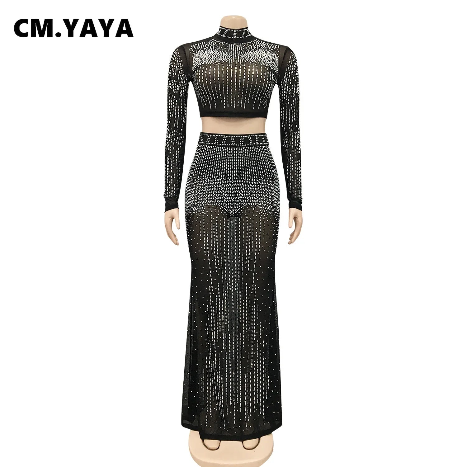CM.YAYA Women Mesh See Though Hot Rhinestones Diamonds Patchwork Maxi Midi Dress Sexy Party Long Skirts Suit Matching Set - JN Fashion Fusion