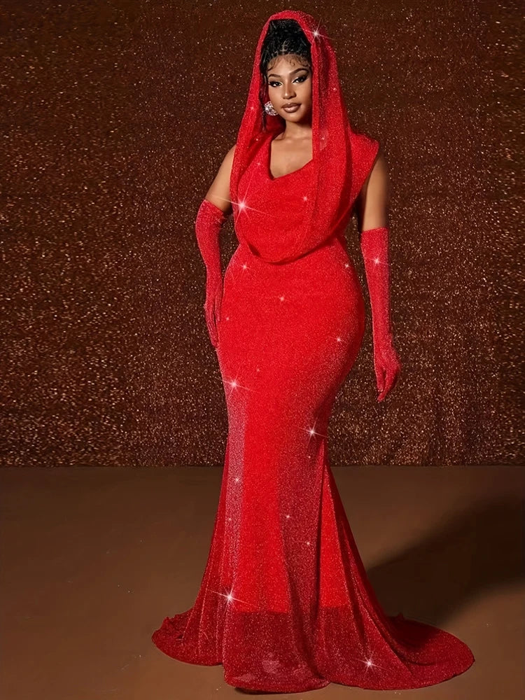 New sequined Hooded Sleeveless Maxi Dress Fishtail Hem Elegant Wedding Guest Dress Plus Size Women's Sexy Slim Dresses In Party