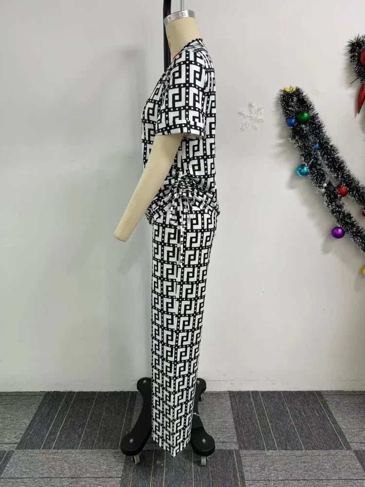 Pants Set Summer Women's Printed Two Piece Set Short Sleeve Round Neck Loose Pants AOMEI Fashion Pants Set