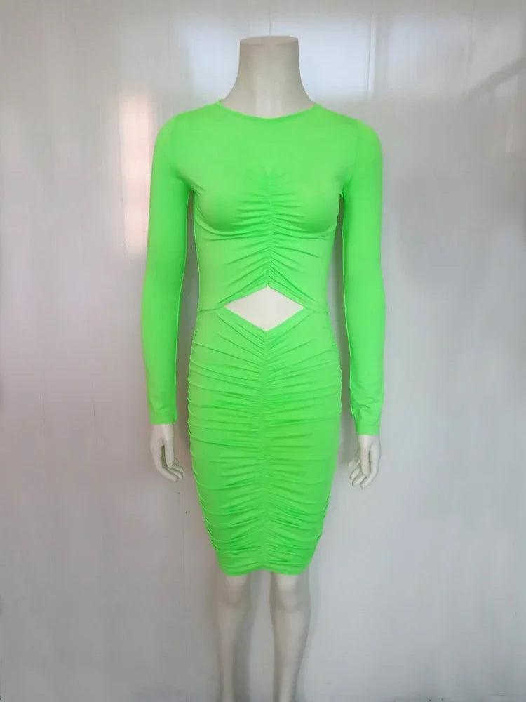 Sexy Waist Cut Out Hollow Out Folds Slim Bodycon Dress Women Long Sleeved Solid Color Skinny Evening Dress Club Party Vestidos - JN Fashion Fusion