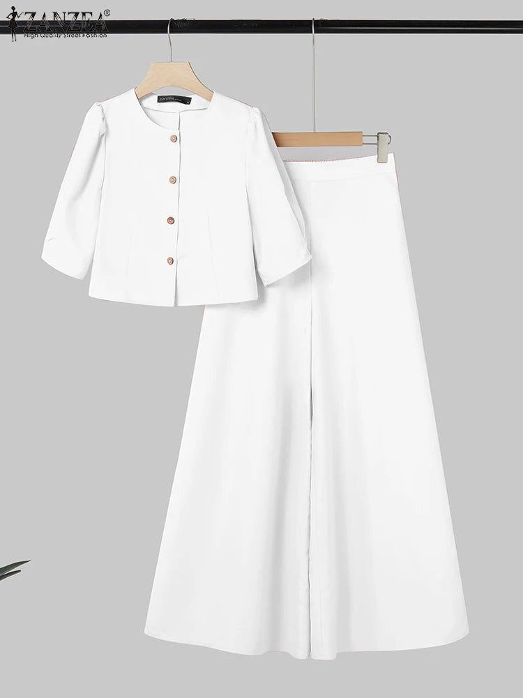 2026 ZANZA Fashion Summer Pant Sets 2PCS Women Outfits Matching Sets Elegant Short Sleeve Blouse OL Work Wide Leg Trousers Suit - JN Fashion Fusion