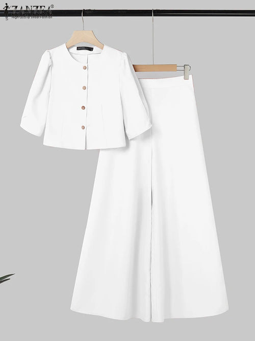 2026 ZANZA Fashion Summer Pant Sets 2PCS Women Outfits Matching Sets Elegant Short Sleeve Blouse OL Work Wide Leg Trousers Suit - JN Fashion Fusion