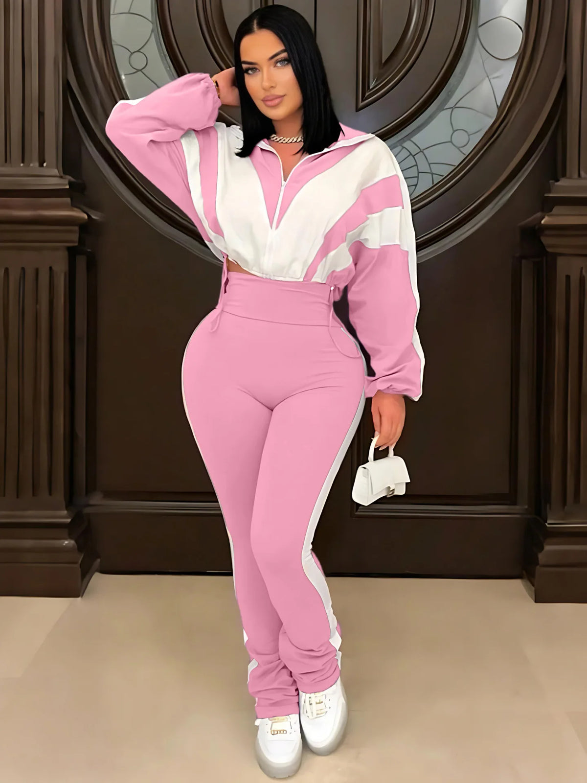 Active Patchwork Women's Zipper Sweatshirt and Long Pants Set by JN Fashion Fusion, stylish fall 2026 tracksuit outfit.
