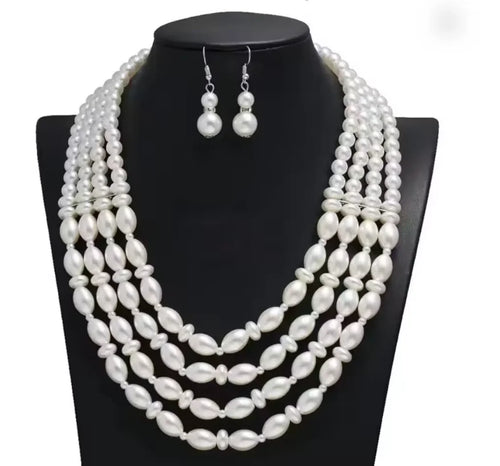Charm Exaggerated Multi-layer Pearl Necklace Earring Women Versatile Fashion Accessories Personalized Bride Wedding Jewelry Set - JN Fashion Fusion