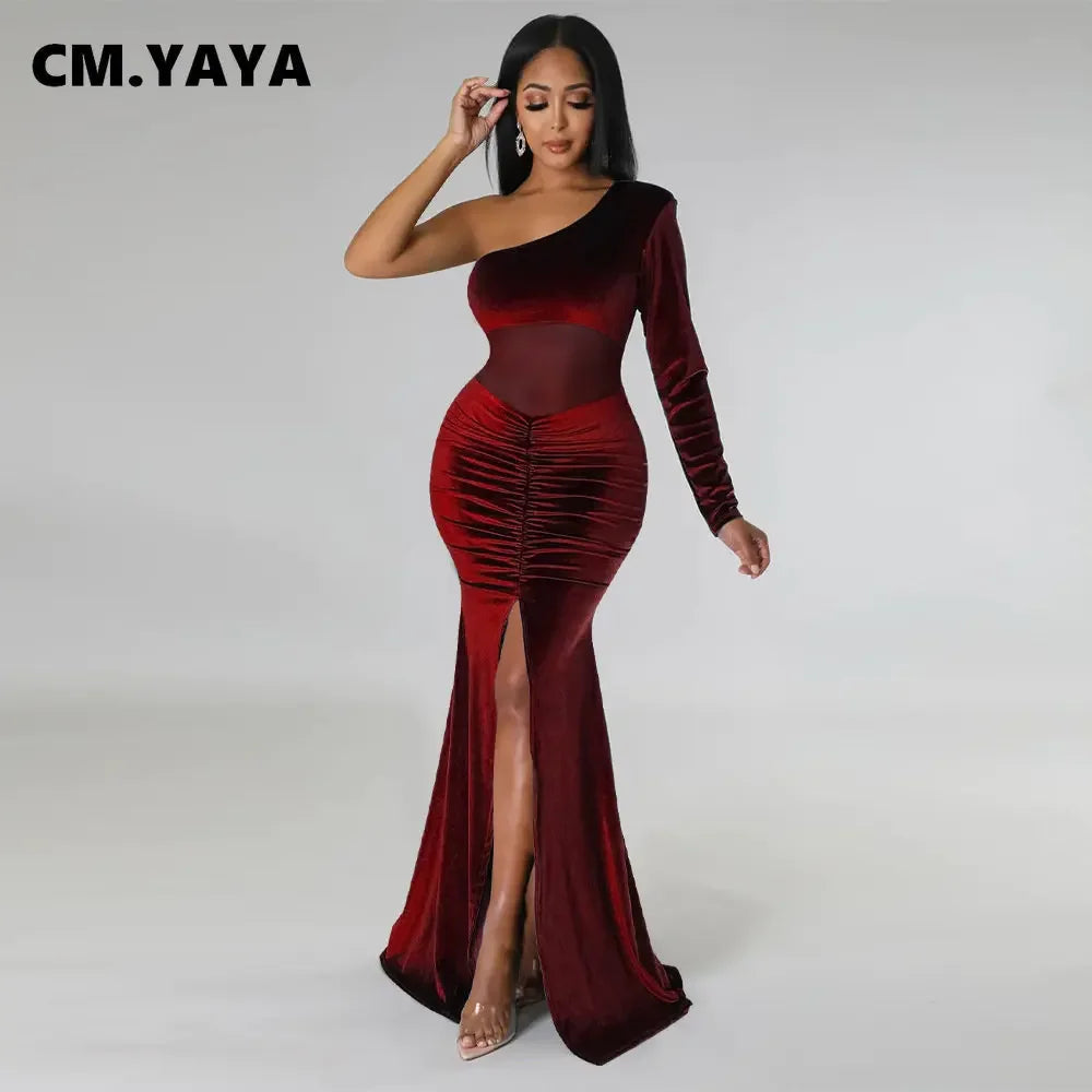 CM.YAYA Women Velvet Mesh Patchwork One Shoulder Long Sleeve High Slit Floor Length Mermaid Bodycon Midi Sexy Party Club Dresses - JN Fashion Fusion