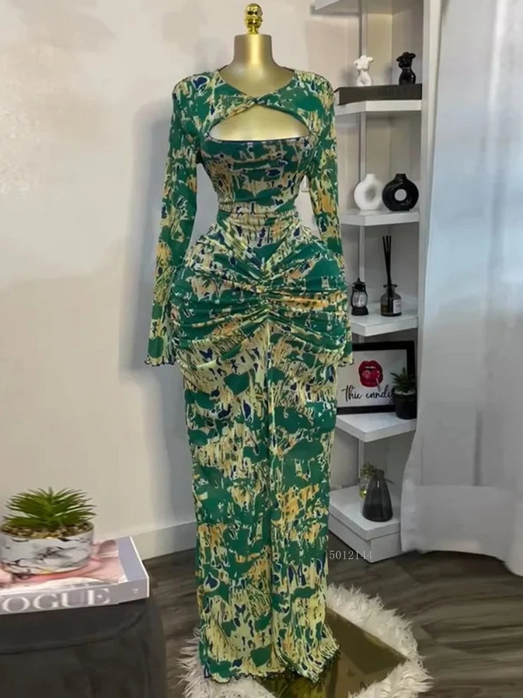 Sexy Women Floral Printed Wrap Neck Cutout Stacked Ruched Midi Bodycon Maxi Dress Sexy Parties Birthday Holiday Long Dresses - JN Fashion Fusion
