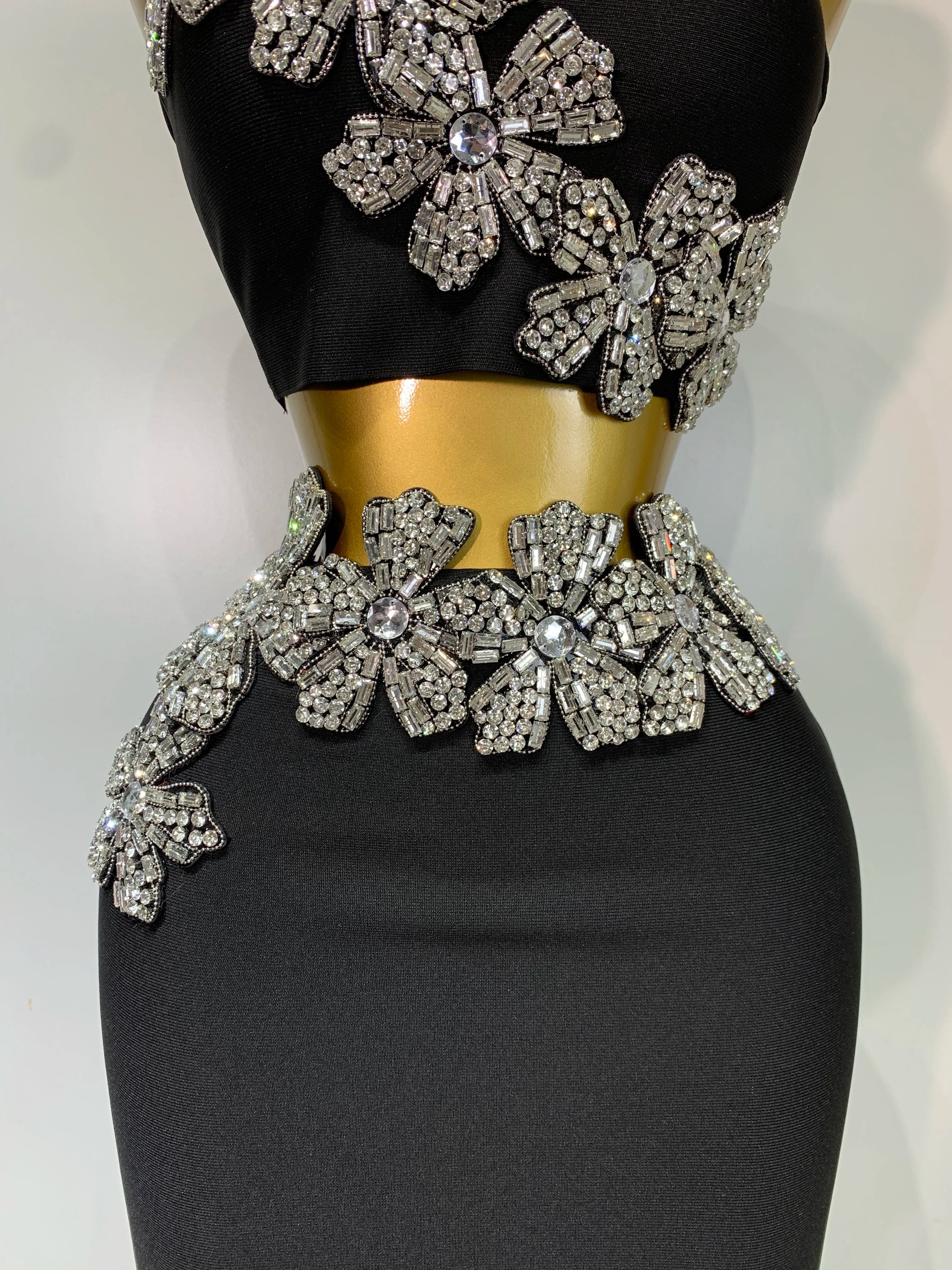 Women Sexy Strapless Flower Diamonds Black Maxi Long Bandage Two Piece Set 2025 Knitted Elegant Evening Club Party Prom Gowns - JN Fashion Fusion