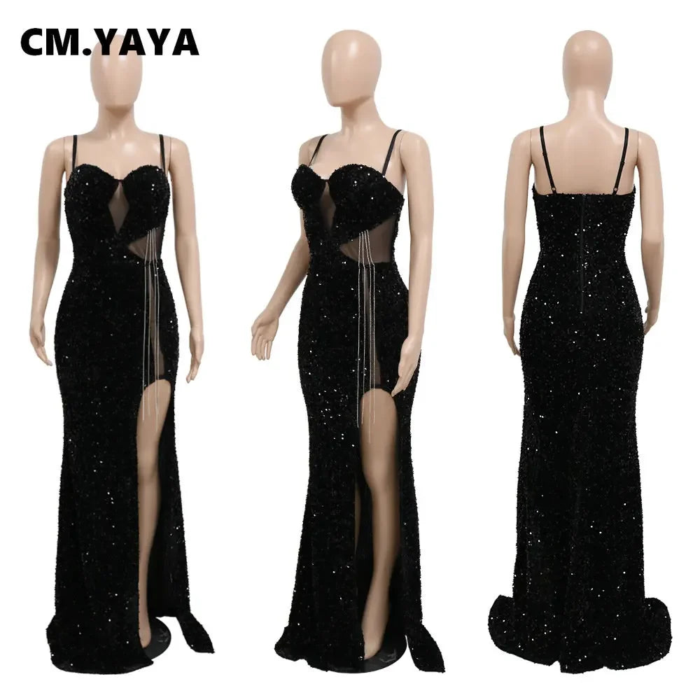 CM.YAYA Women Sequined Tassel Front Spaghetti Strap  Sleeveless High Side Slit  Maxi Long Dress 2023 Evening Sexy Party Dresses - JN Fashion Fusion