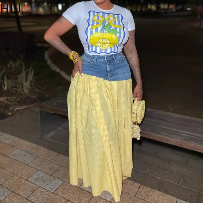 HLJ Y2K Streetwear Fashion Baddie 2 Piece Sets Outfits Hot Girl Short Sleeve T-shirt and Denim Patchwork Plaid Skirt Matching - JN Fashion Fusion