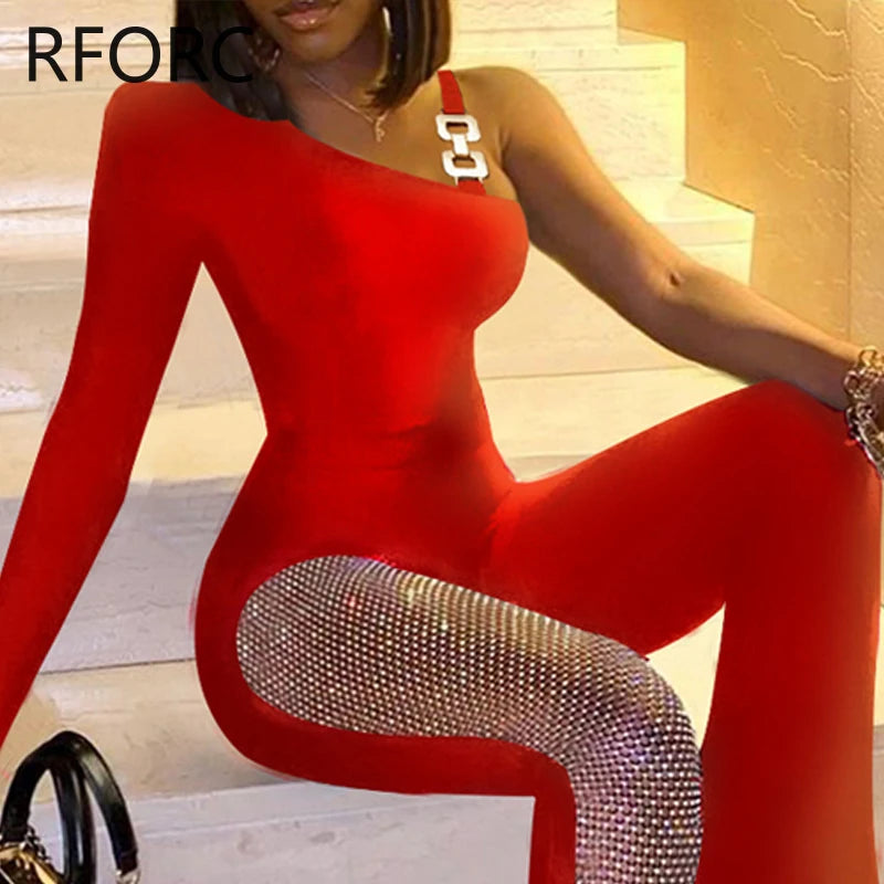 2023 Women Solid One Shoulder Long Sleeves Patchwork Working Formal Jumpsuits - JN Fashion Fusion
