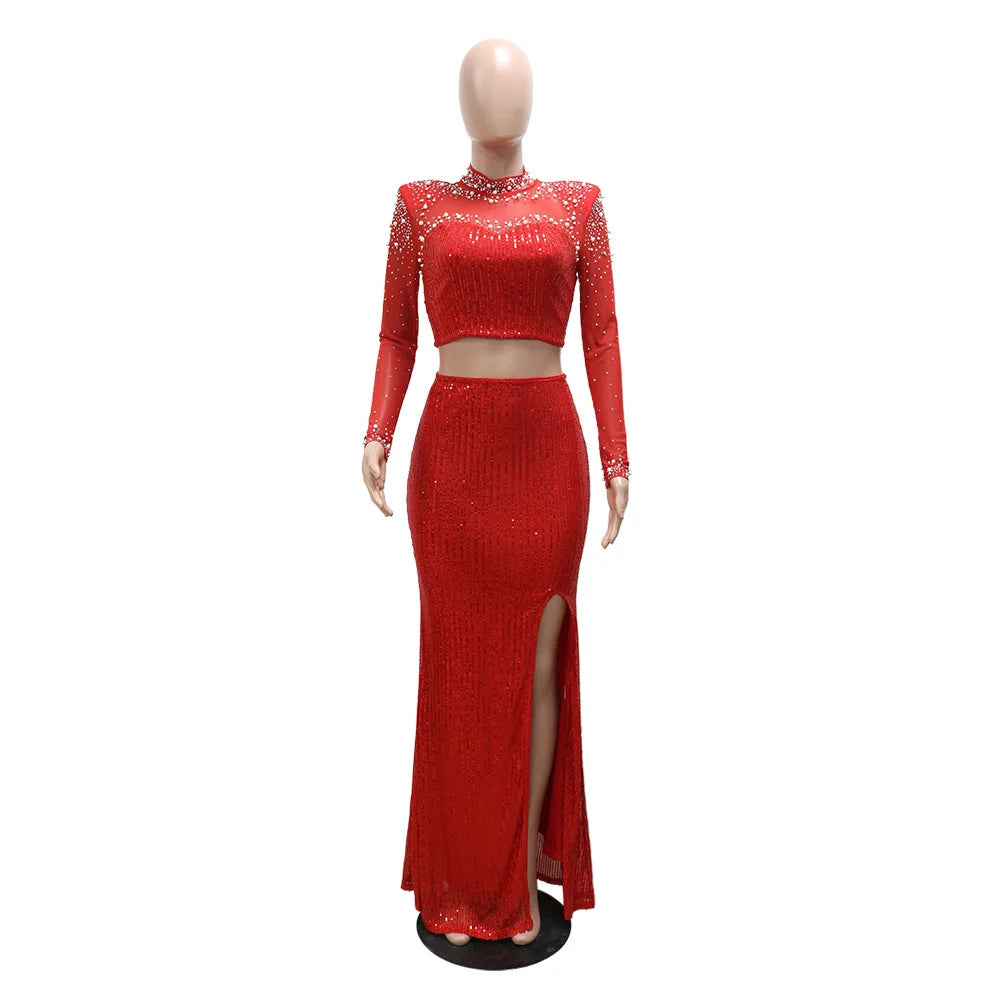 African Clothes for Women 2 Piece Sequin African Long Sleeve O-neck Party Evening Top Long Skirts Matching Sets Dashiki Outfits - JN Fashion Fusion