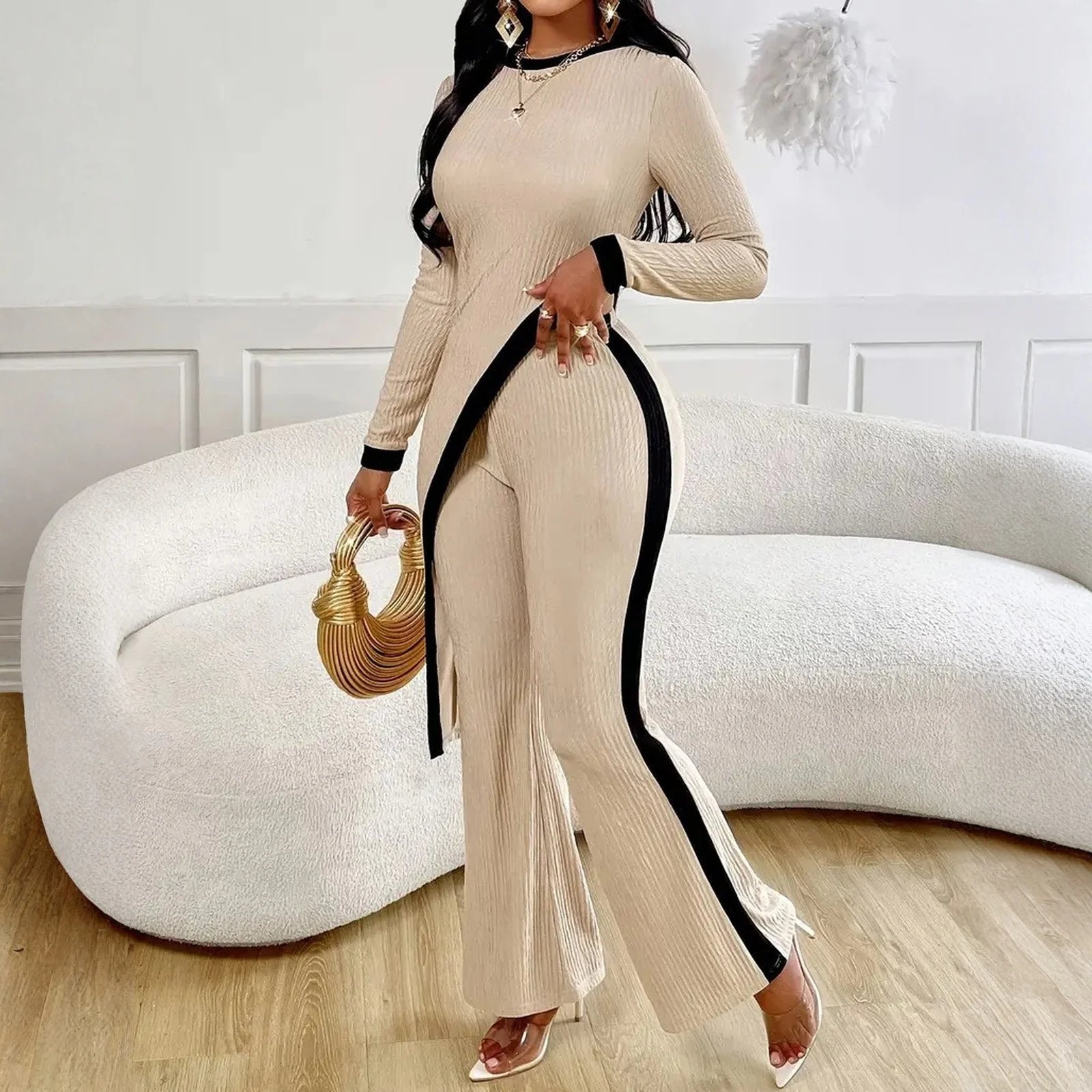 Side Slit Contrasting Long Sleeved Patchwork Pants Set Women'S Casual Suit Spring And Autumn Women'S Set - JN Fashion Fusion