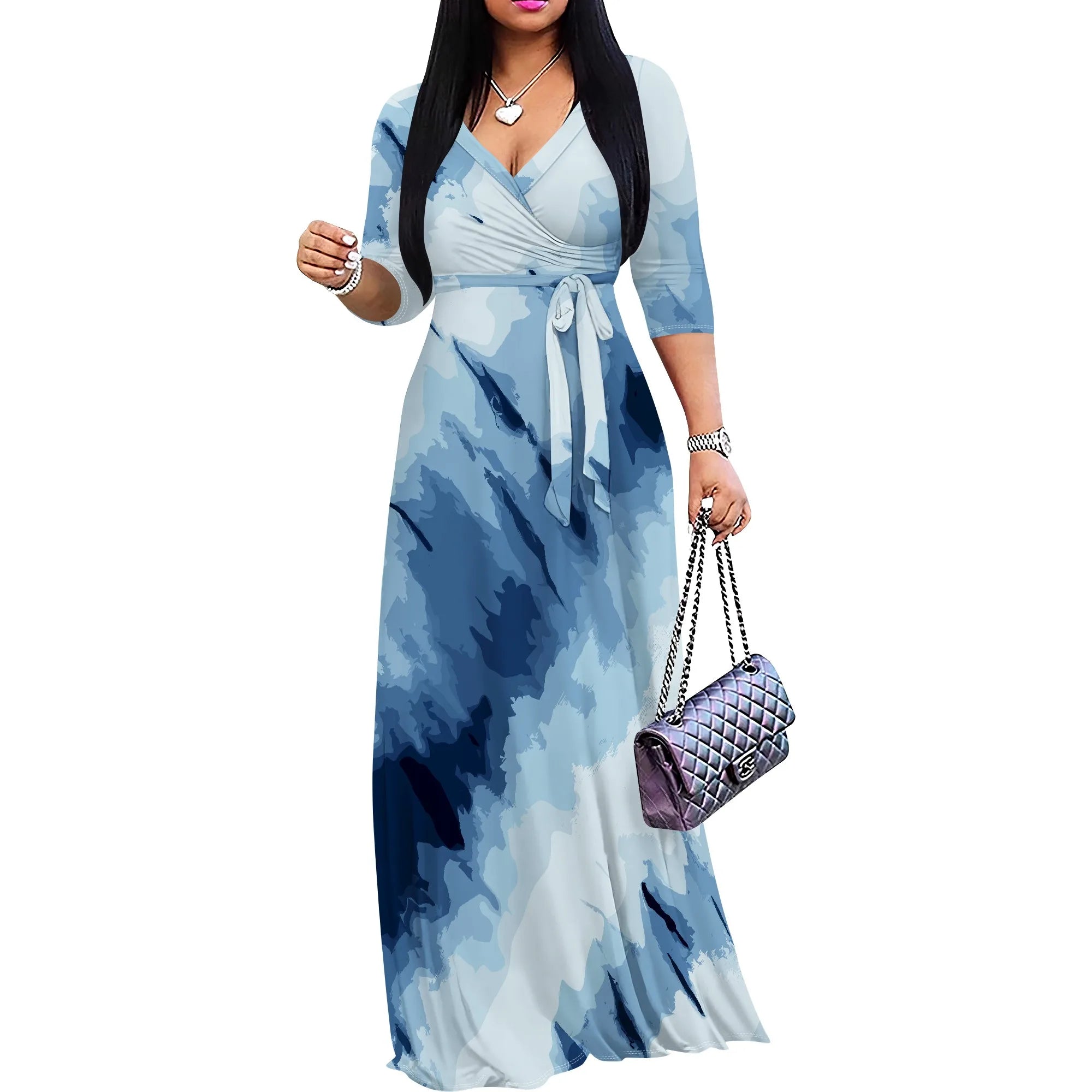 Casual Printed Maxi Dress Women Hawaii Vacation V Neck 3/4 Sleeve Loose Fit Long Dress