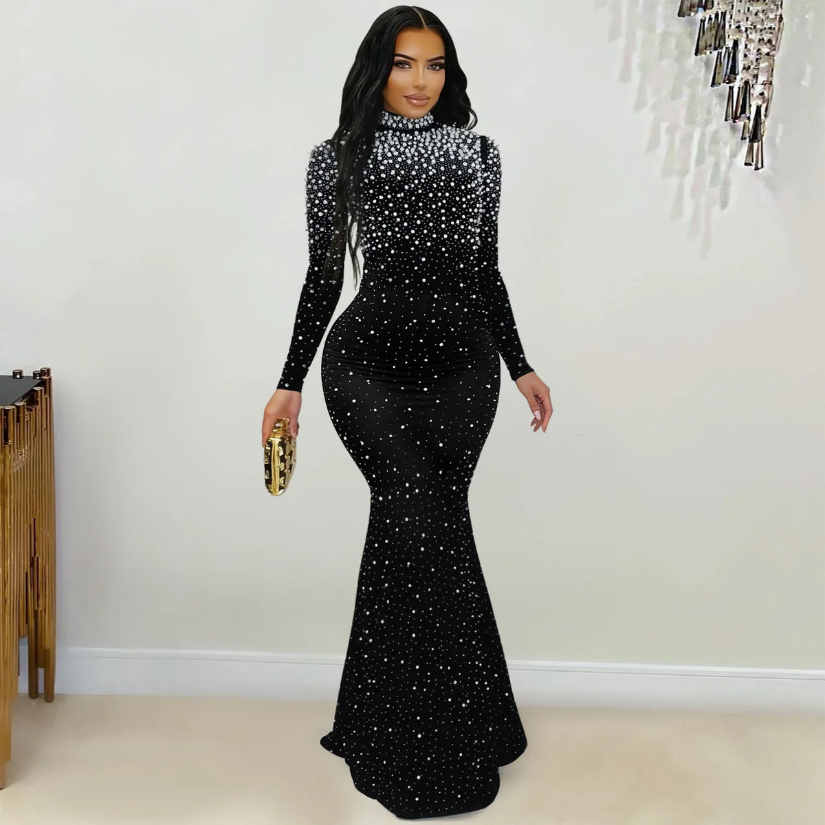 Elegant women's long dress by JN Fashion Fusion featuring beaded drilling, mock neck, full sleeves, and A-line silhouette for parties