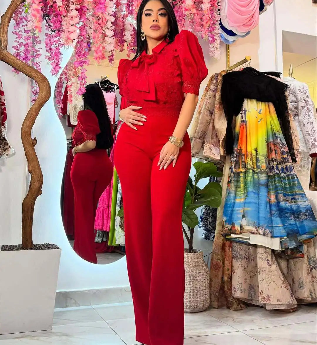 Patchwork Wide Leg Party Jumpsuit Sexy Women Turn Down Collar Elegant Lace Night Club Romper Overalls - JN Fashion Fusion