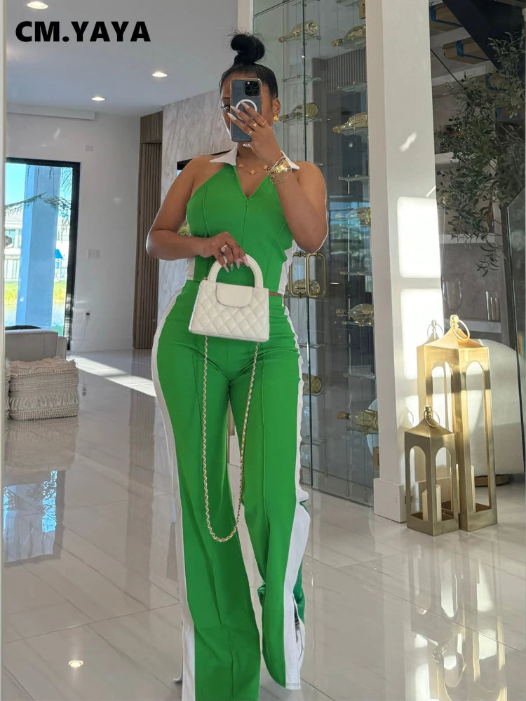 CM.YAYA Sporty Patchwork Women's Set Sleeveless Polo-tank Tops and Slit Flare Pants 2025 Active Two 2 Piece Set Outfit Tracksuit - JN Fashion Fusion