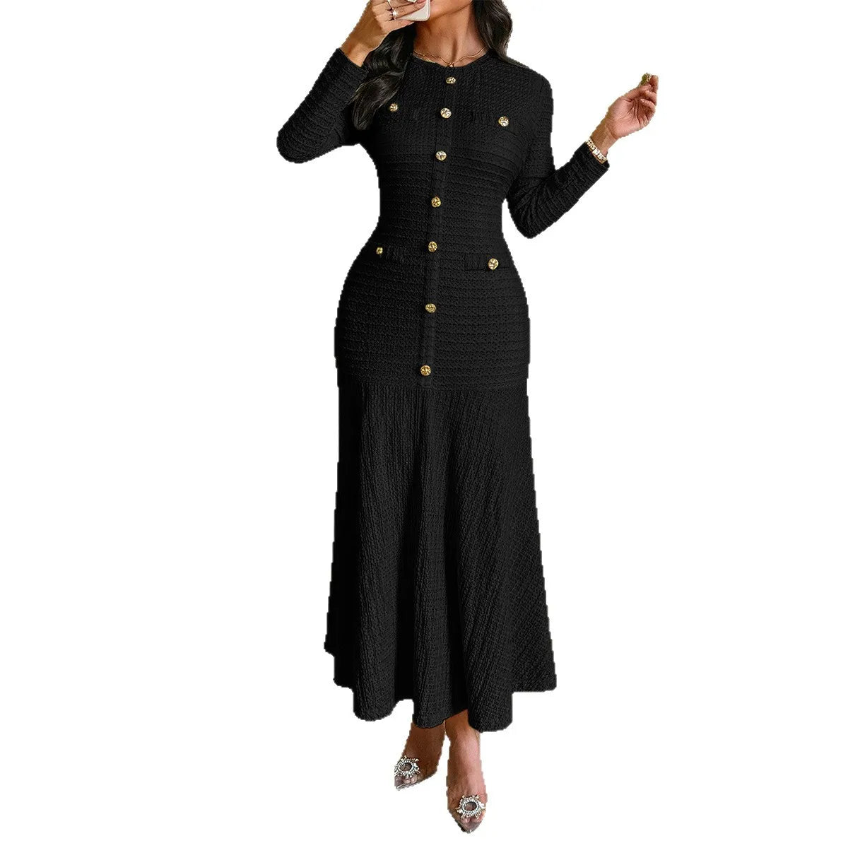 Long Dress for Women 2025 Autumn Elegant Style Birthday Dresses Long Sleeved Solid Color Women Clothing - JN Fashion Fusion