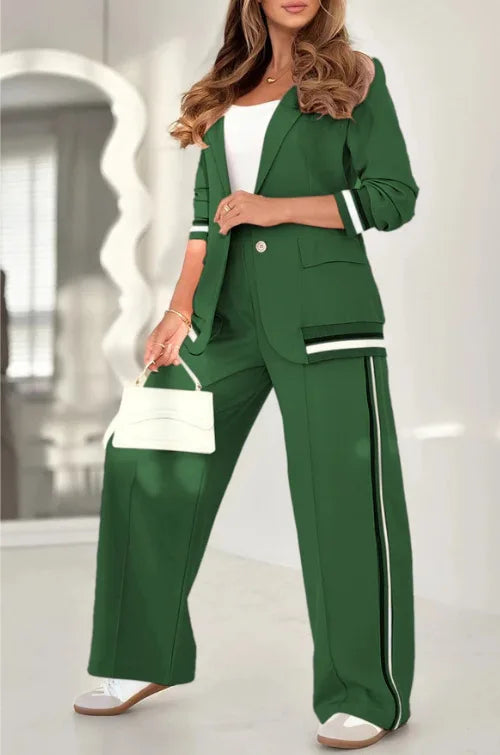 Women’s wide-leg pant set by JN Fashion Fusion featuring high-waist trousers, button coat, patchwork design, and pockets.