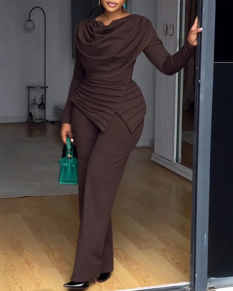 Swing Collar Ruched Jumpsuit Long Sleeve Solid Elegant Office Ladies Asymmetric Hem Autumn Casual Vintage Ruched Slim Rompers - JN Fashion Fusion