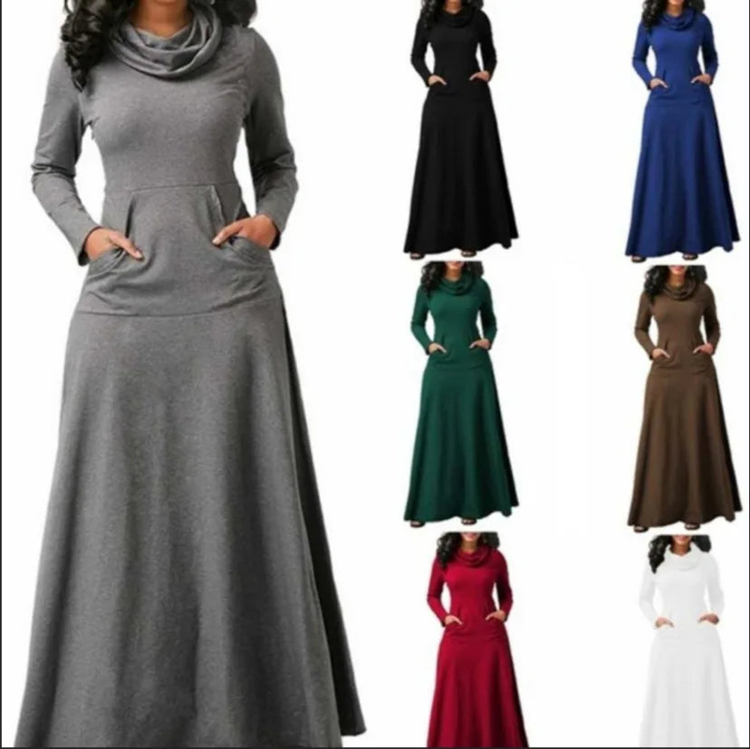Plus Size 5XL Elegant Long Maxi Dress spring Winter Warm High Collar Women Long-sleeved Dress 2024 Woman Clothing With Pocket - JN Fashion Fusion
