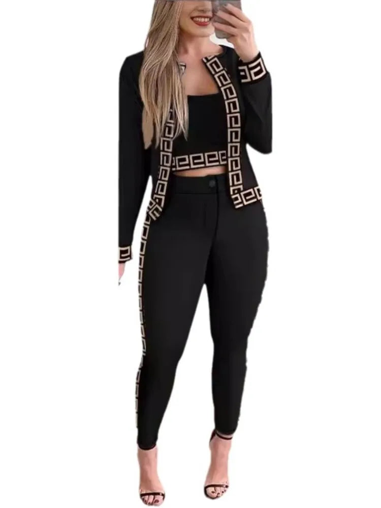 JN Fashion Fusion women's trend print pants set with long sleeve coat, camisole, and slim trousers for spring and autumn streetwear.