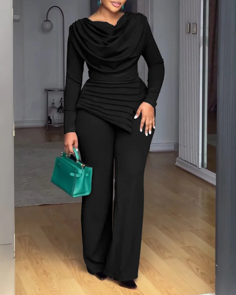 Swing Collar Ruched Jumpsuit Long Sleeve Solid Elegant Office Ladies Asymmetric Hem Autumn Casual Vintage Ruched Slim Rompers - JN Fashion Fusion