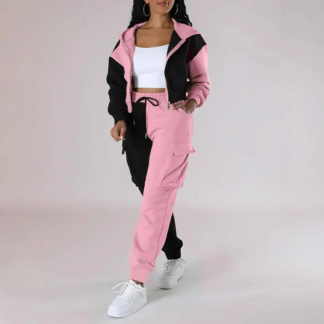 Women Loose Autumn Winter Two Pieces Suit Matching Sets Hoodie Tracksuit Blocked Zipper Short Outerwear Drawstring Cargo Pants - JN Fashion Fusion