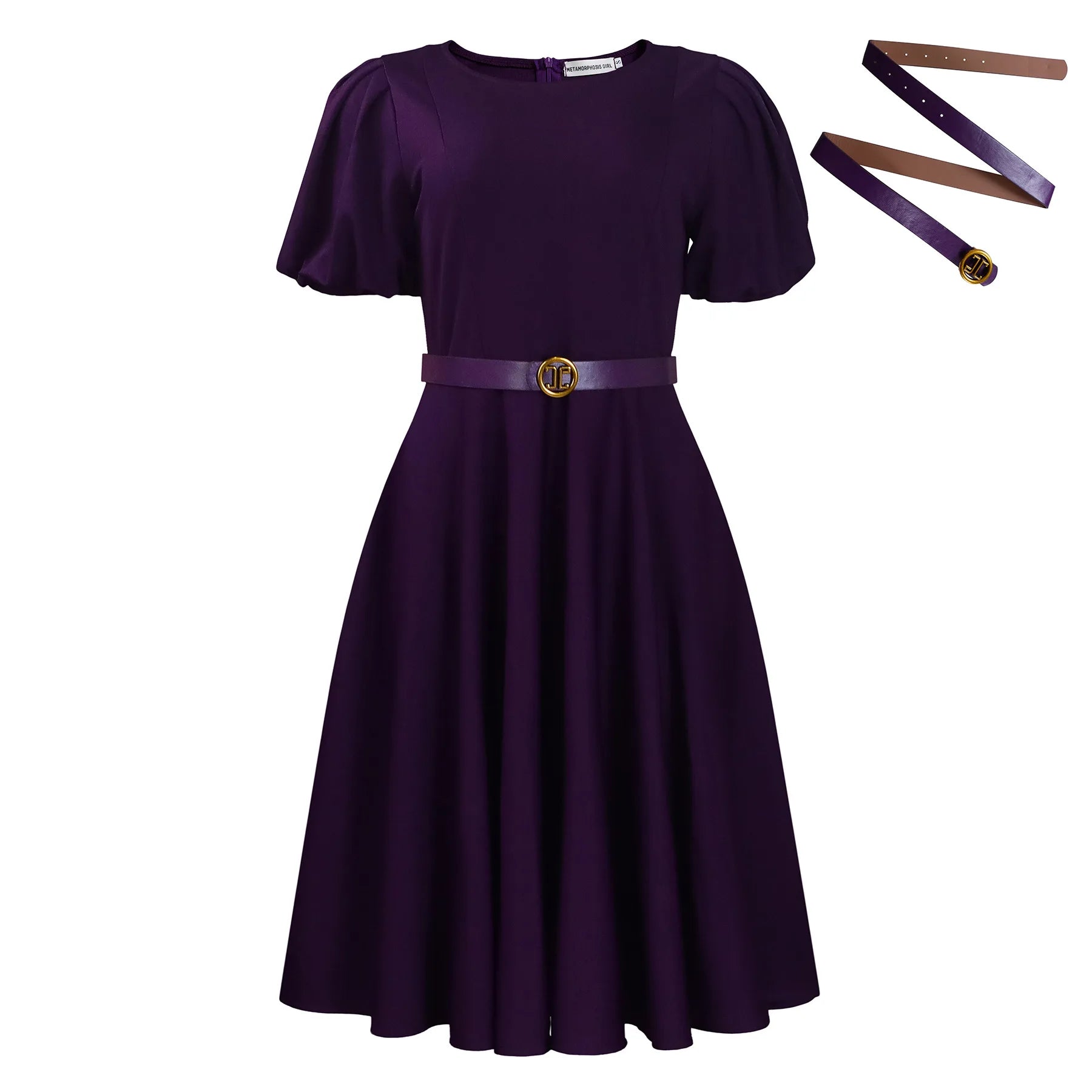 Women's Elegant High-Waisted Puffed Sleeve Summer Dress 2026 Solid Color round Neck Large Skirt Hem Fashionable Casual Dress