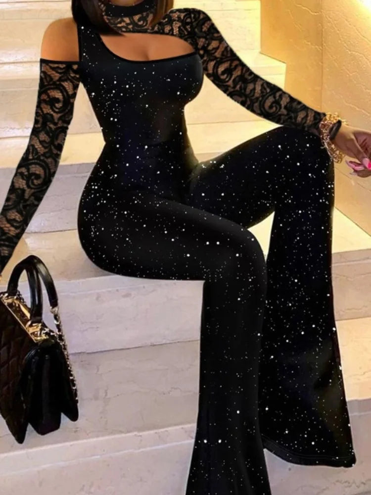 Women New Fashion Bodycon Jumpsuit Women Autumn Casual Sexy Slim Long Sleeve Glitter Lace Patch Flared Leg Jumpsuit