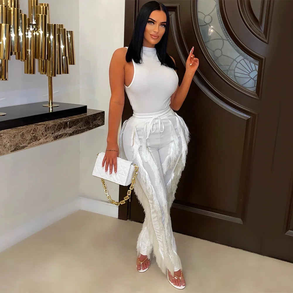 Elegant Women's Tracksuit Tank Top and Tassel Side Straight Pants Suit Streetwear 2026 INS Two 2 Piece Set Outfits - JN Fashion Fusion