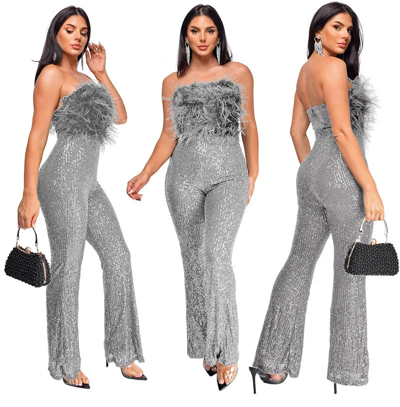 Sliver Bling Bling Sequined Club Jumpsuit Women Strapless Elegant Sparky Gold Sequins Party Romper Overalls
