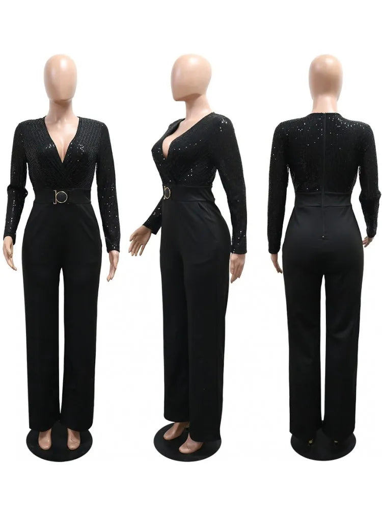 Solid Women Jumpsuits For Spring Summer Long Sleeve V-Neck Balck Jumpsuits Fashion Streetwear Overalls Pants Trousers 2026 - JN Fashion Fusion