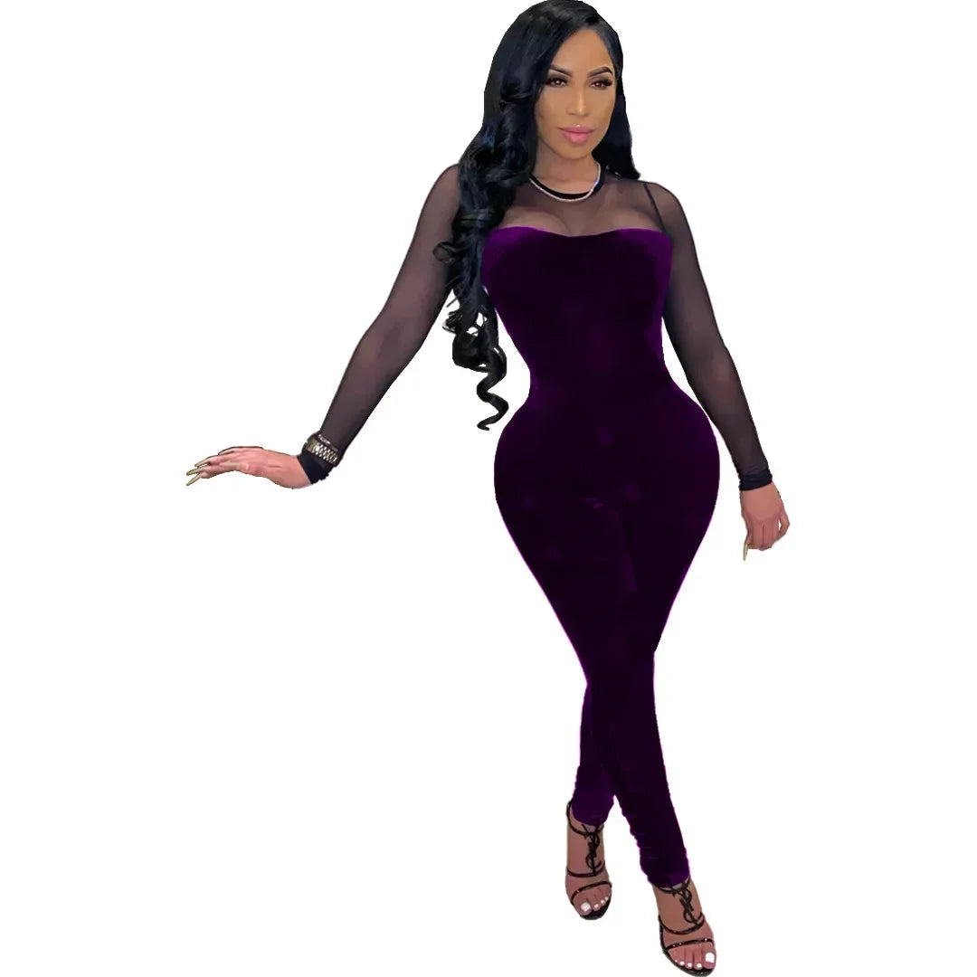 Women's Jumpsuit Solid Color Splicing Mesh Zipper Perspective Sexy Slim Fit Long Sleeved Pants Jumpsuit