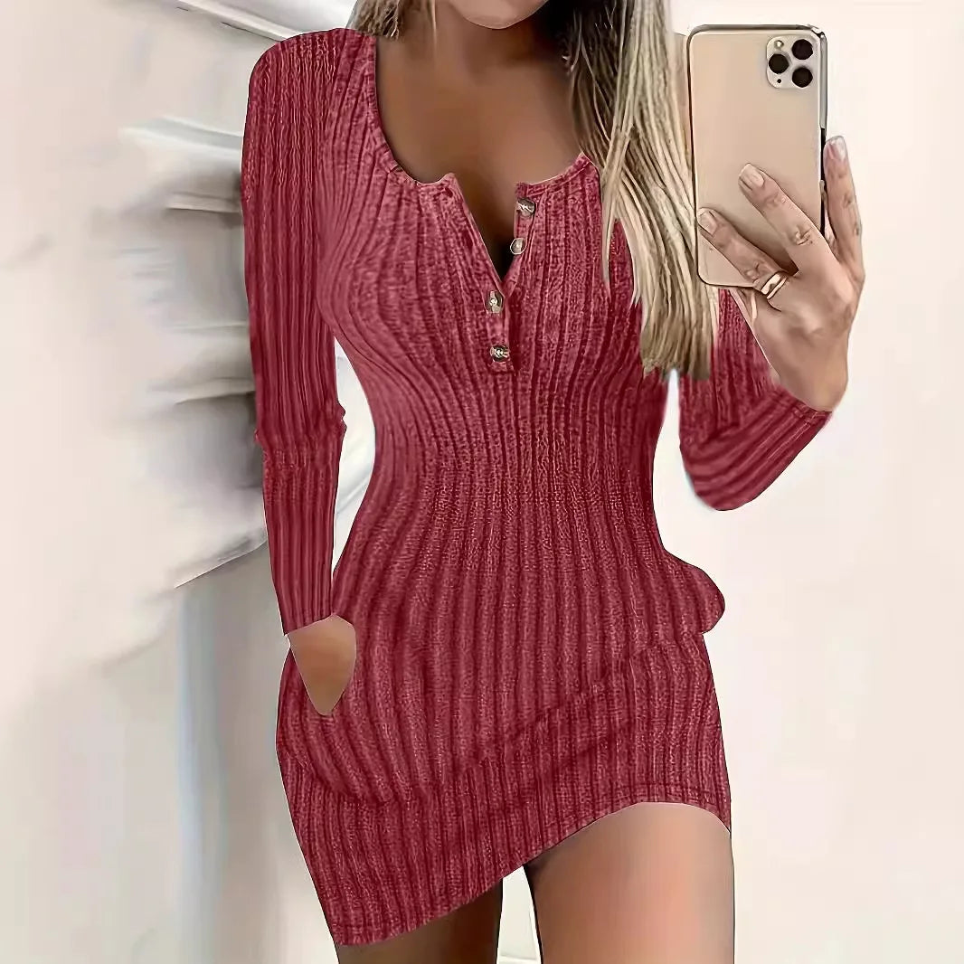 Fashion Long Sleeve Buttons Bodycon Dress Women Autumn Winter Knitted Ribbed Slim Sweater Sexy Mini Dresses For Women Robe Femme - JN Fashion Fusion