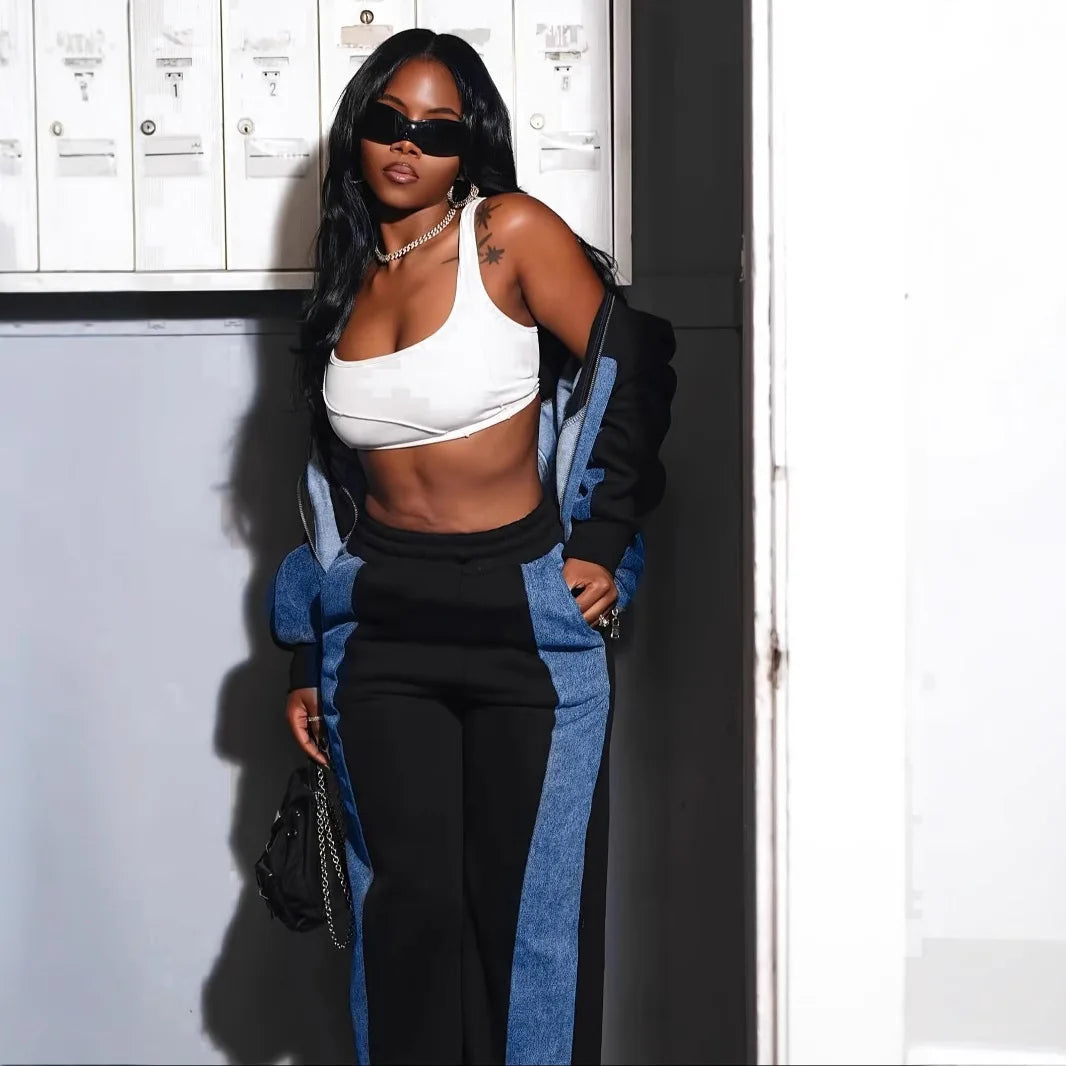 JN Fashion Fusion two-piece denim pant set with zipper spliced coats, turn-down collar, pockets, casual streetwear for autumn and winter