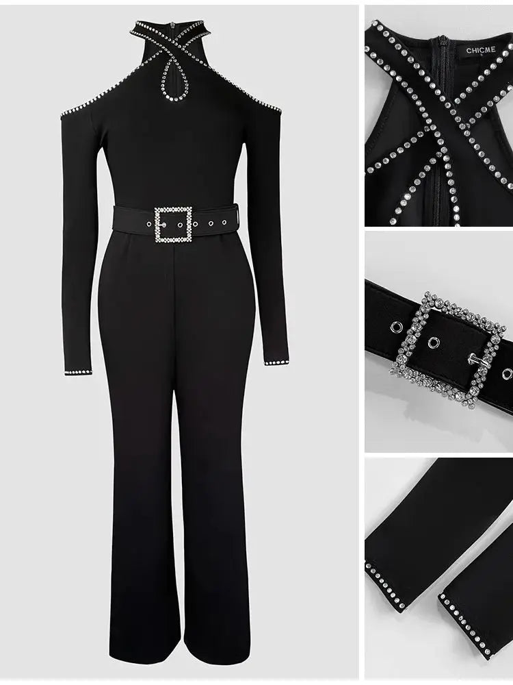 Rhinestone Decor Halter Cold Shoulder Long Sleeve Jumpsuit Hollow-out Front Zipper Back with Belt Overalls for Women One Pieces - JN Fashion Fusion