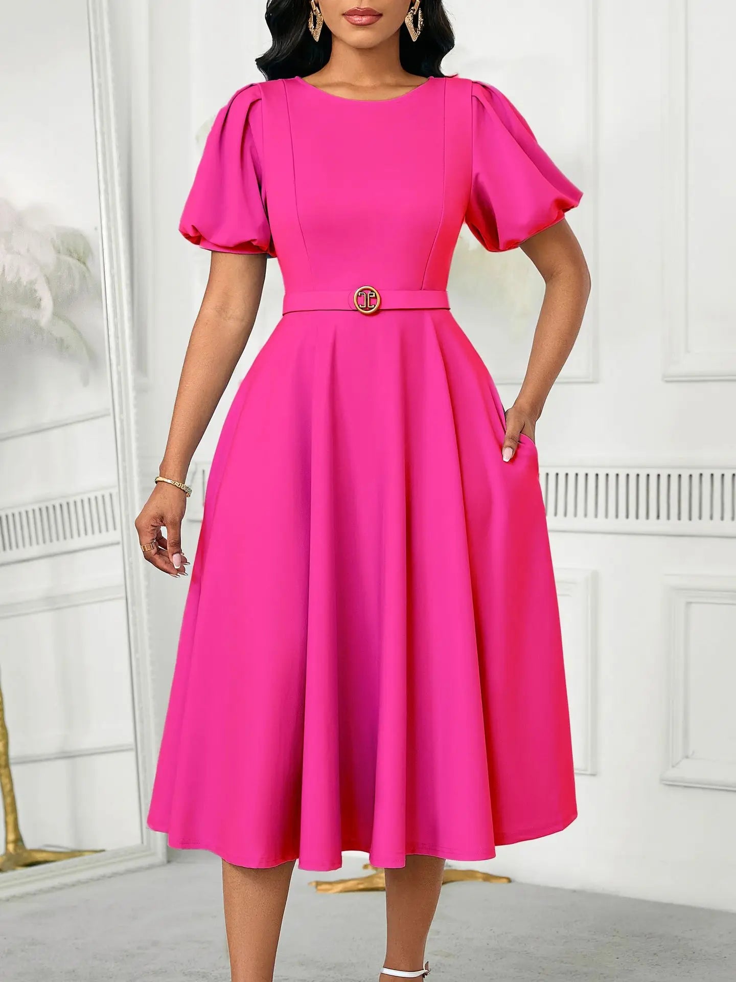 Women's Elegant High-Waisted Puffed Sleeve Summer Dress 2026 Solid Color round Neck Large Skirt Hem Fashionable Casual Dress