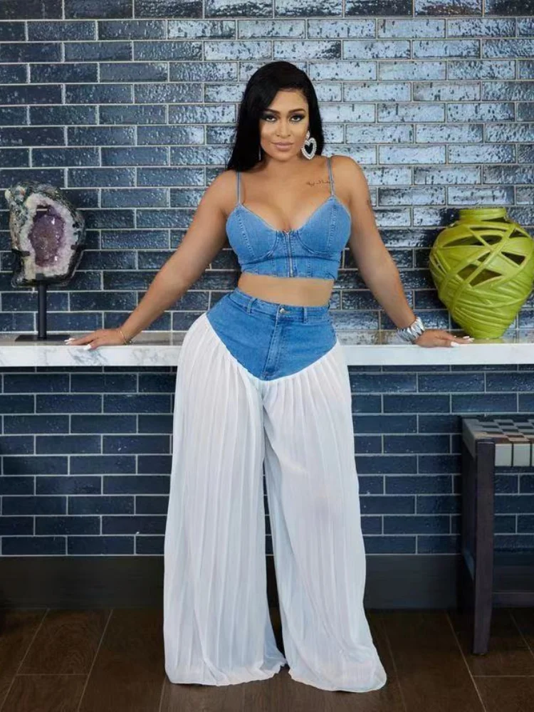 Sister Star Women Fashion Casual Halter V-neck Undershirt Pleated Denim Collocation Chiffon Pants Nightclub Party Two-piece Set - JN Fashion Fusion