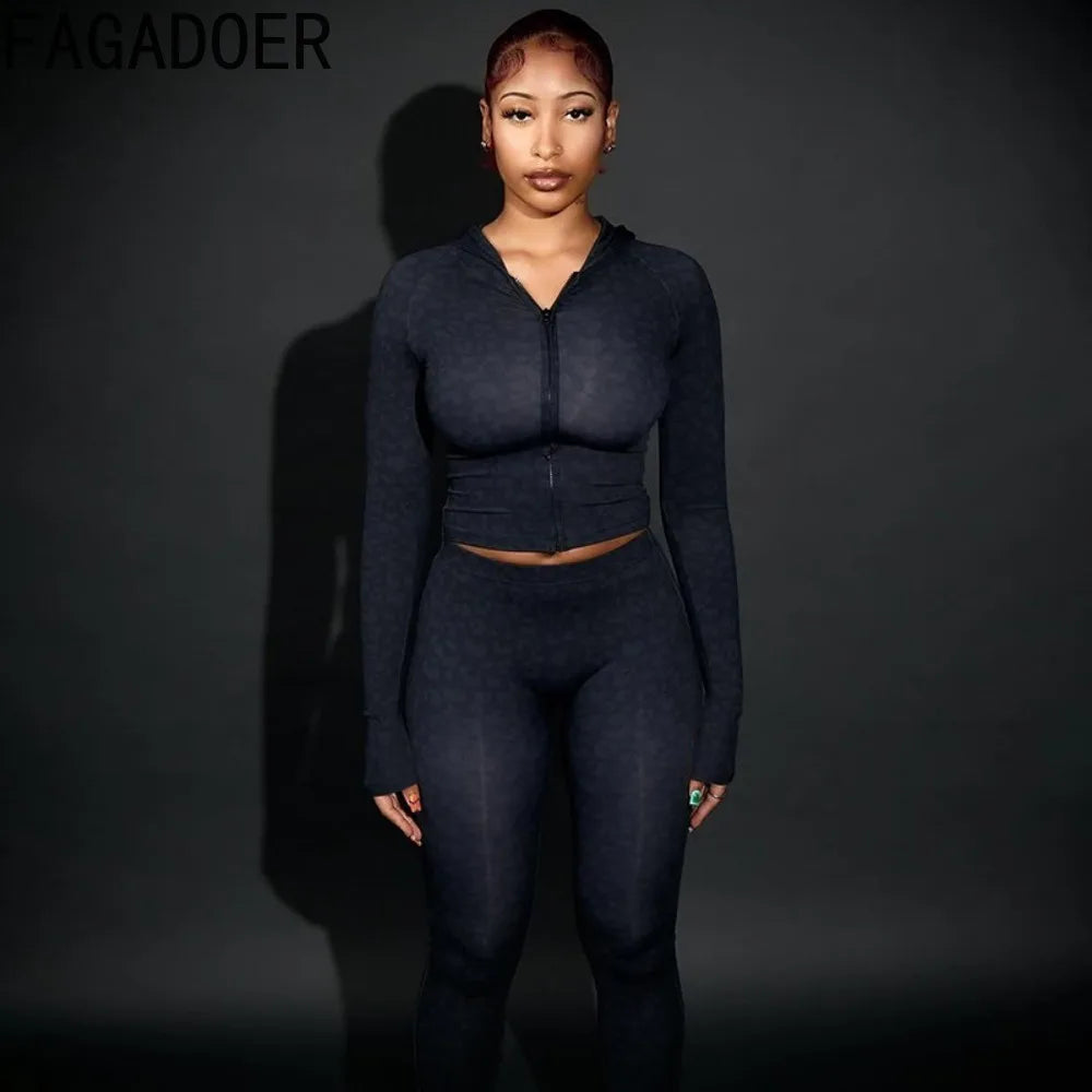 FAGADOER Fashion Leopard Print 2 Pieces Set for Woman Outfits Zip Long Sleeves Hooded Jacket+Leggings Matching Female Streetwear - JN Fashion Fusion